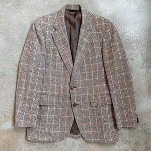 Vintage 70s Neutral Blue Plaid Tweed Sport Coat Blazer